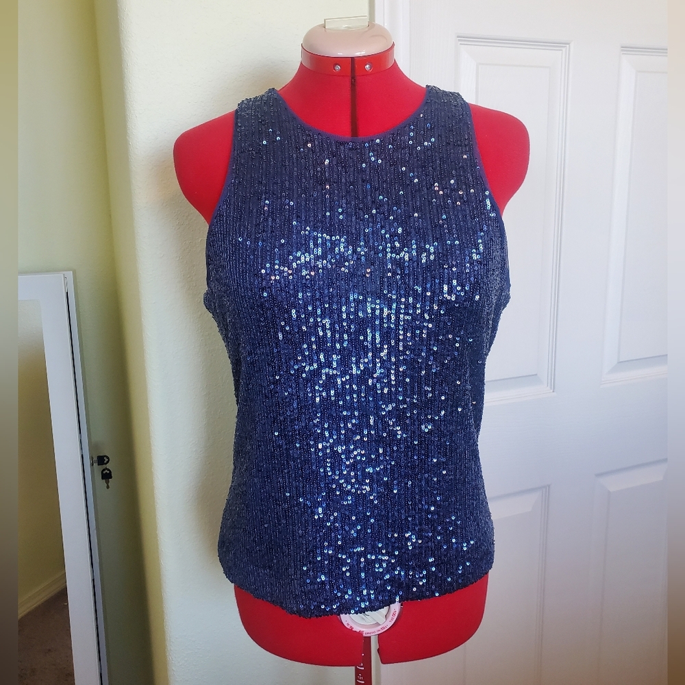 On 34th Navy Blue Sleeveless Sequin Top